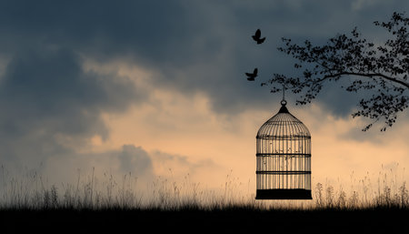 A rustic metal cage swings open in nature?s glow as birds take flight against a vibrant sunset sky and forest outline, evoking freedom and natural beaの写真素材