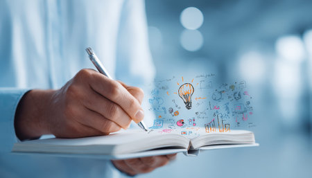 A person sketches vibrant ideas and inventive concepts on paper, with a luminous lightbulb...