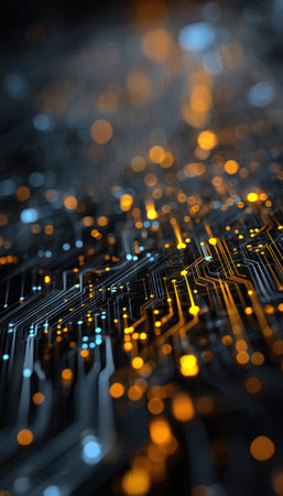 Intricate electronic design featuring a sleek circuit pattern illuminated by vibrant orange and cool...