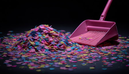Vibrant confetti debris scattered across a dark surface, with a pink broom expertly gathering paper fragments, capturing a lively cleanup scene.の写真素材