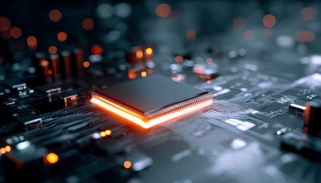 An intricate microprocessor embedded in a circuit, illuminated by vibrant red LEDs, evoking a high-tech, futuristic ambiance perfect for digital innovの写真素材