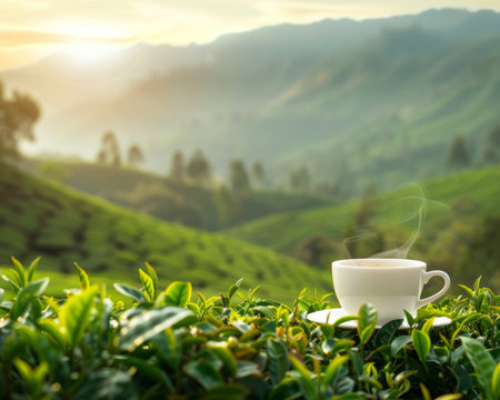 Tranquil mountain tea plantation with green tea cup, perfect for text in serene settingの写真素材