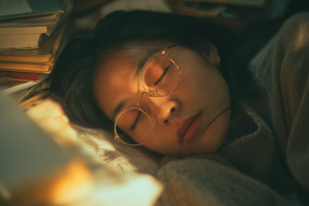 A serene young woman with glasses rests amid soft blankets, surrounded by open books and warm lighting, exuding comfort and tranquility.の写真素材