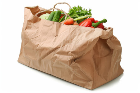 High resolution clip art style image of groceries in paper bag on white backgroundの写真素材