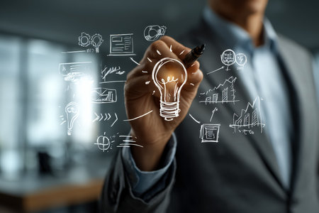 A confident business expert examines cutting-edge concepts through holographic digital sketches on a clear, see-through display, inspiring creative soの写真素材