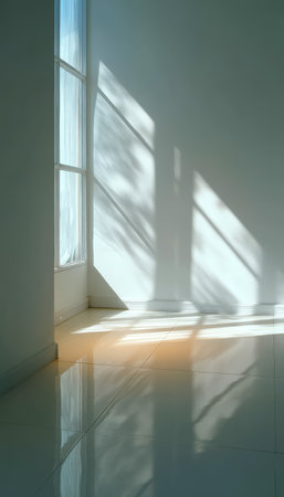Warm rays of sunlight filter through a window, creating intricate shadow patterns on an empty wall, evoking a peaceful, contemplative atmosphere.の写真素材