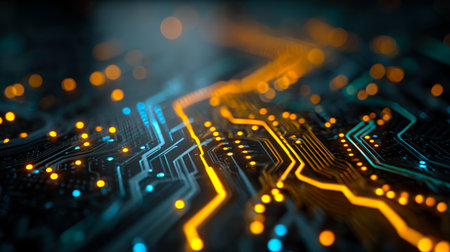 Intricate electronic pathways glow with vibrant blue and yellow currents, creating a futuristic tech tapestry against the dark night backdropの写真素材