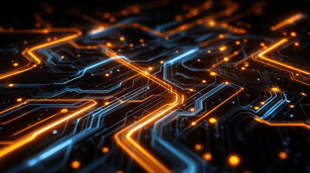 A sleek sci-fi-inspired electronic blueprint illuminated by vibrant blue and orange neon pathways,...