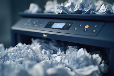 A sleek, modern paper shredder emitting a subtle glow, surrounded by crumpled, shredded fragments in a professional workspace ambiance.の写真素材