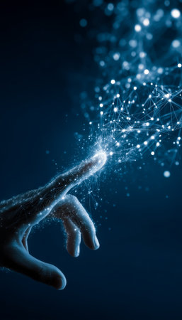 A close-up of a hand touching a luminous network of interconnected lines and dots, symbolizing advanced digital connectivity and futuristic innovationの写真素材