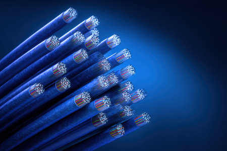 A sleek arrangement of glowing blue fiber optic strands with luminous tips against a dark backdrop,...