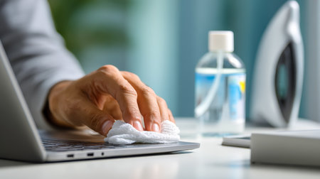 A person sanitizes their workspace with a cloth, accompanied by a hand sanitizer and iron, creating a tidy, hygienic environment.の写真素材