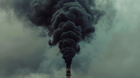 Chimney emitting thick black smoke. air pollution and environmental issues representation in bannerの写真素材