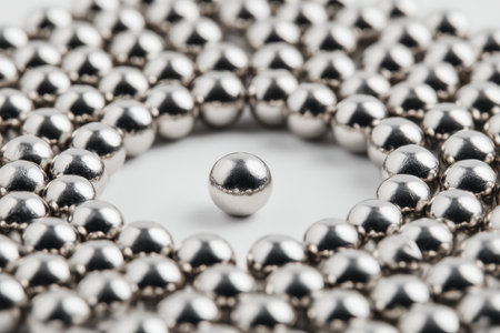 A captivating zoomed-in view of reflective metallic orbs forming a concentric pattern, creating a sense of symmetry and futuristic elegance.の写真素材