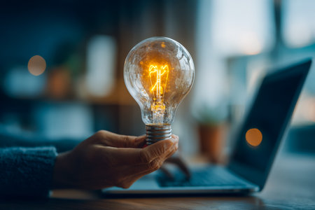 A person presents a luminous filament bulb, symbolizing innovation, while a laptop in the backdrop emphasizes a tech-savvy, creative workspace ambianceの写真素材