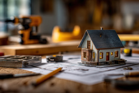 A detailed miniature house sits atop an architectural plan, surrounded by woodworking tools, evoking craftsmanship and innovative design in a workshopの写真素材