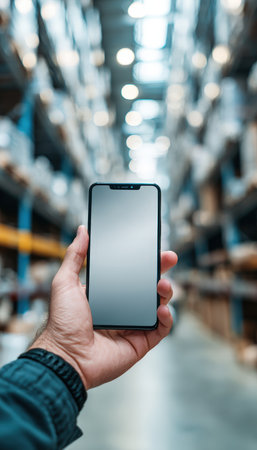 A close-up of a person's hand gripping a sleek smartphone amid towering shelves of warehouse storage, conveying logistics, inventory management, or teの写真素材