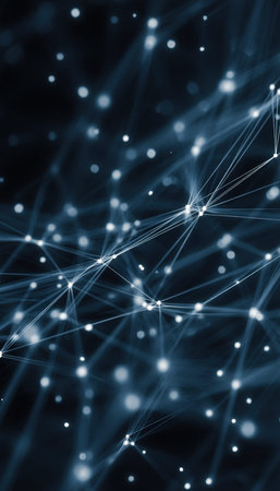 Complex web of luminous nodes and sleek lines intertwines across a dark backdrop, evoking a...