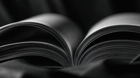 A detailed view of a monochrome publication with gently arching pages, capturing texture and depth ideal for vintage, reading, or design themes.の写真素材