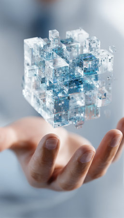 A individual displays a sleek, high-tech glass cube featuring detailed internal frameworks, evoking innovation and advanced engineering.の写真素材