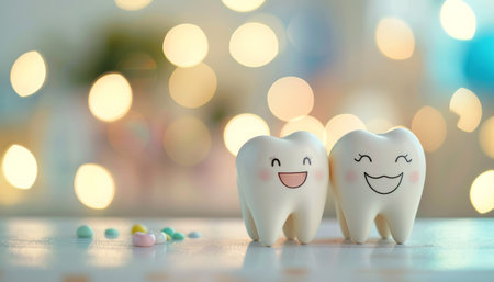 Happy dental cartoon characters encouraging oral health on blurred background with copy spaceの写真素材