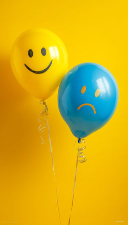 Bright yellow backdrop features two vibrantly hued balloons displaying cheerful and somber facial...