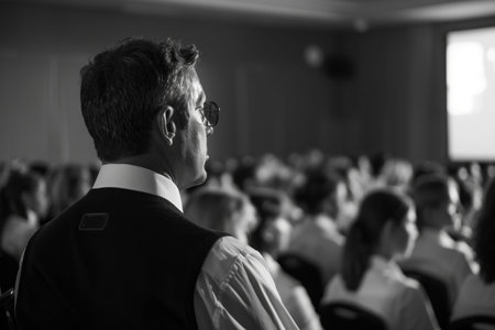 Corporate training seminar employees engaged in learning and listening in auditorium