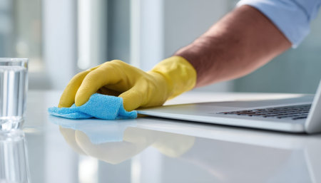 A worker sterilizes a slim laptop using a vibrant blue cloth, donning bright yellow gloves to ensure...