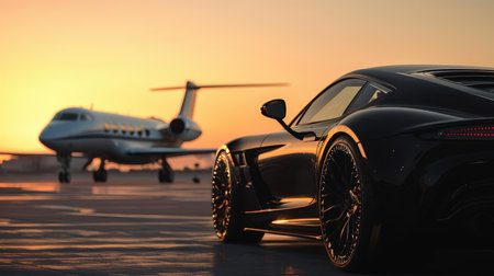 A polished black speedster rests on a vast runway, with an exclusive jet soaring against a vivid sunset sky, evoking luxury and high performance.の写真素材