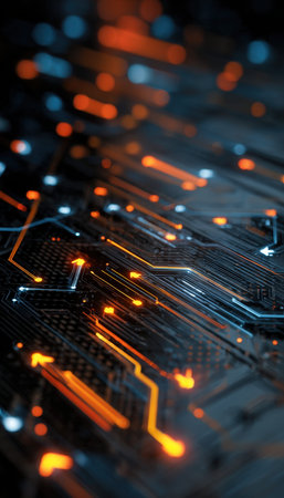 An intricate electronic grid featuring vibrant orange and blue luminescent pathways, evoking...