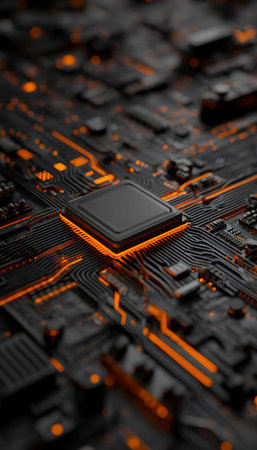 A detailed view of a high-tech circuit board, focusing on the CPU and vibrant orange pathways that...