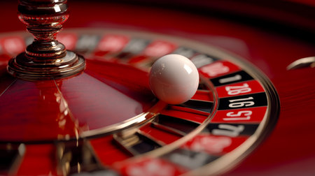 A detailed view of a casino roulette, highlighting the shimmering metallic wheel and the contrasting red and black pockets where a white ball rests.の写真素材