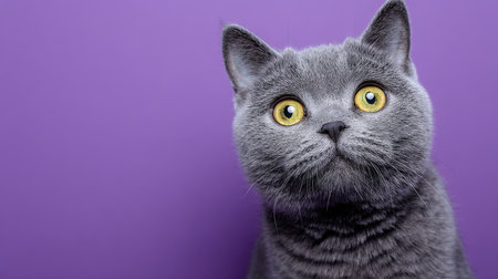 A sleek gray feline with piercing amber eyes gazes thoughtfully against a vibrant purple backdrop, conveying mystery and elegance.の写真素材