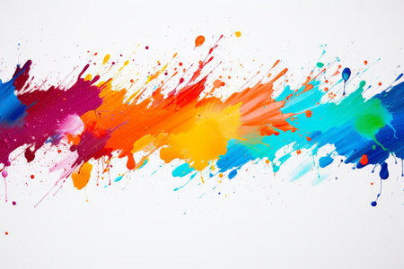 Colorful abstract paint splatters creating vibrant design on white wall for artistic backgroundの写真素材