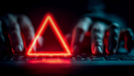A person?s hand hovers over a glowing red triangle key on a backlit keyboard, casting an atmospheric...