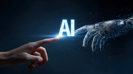 A human hand interacts with a glowing ai icon amid holographic projections of a robotic limb, set in a sleek, futuristic digital environment.の写真素材