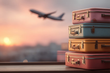 Brightly colored luggage towers beside a sleek aircraft silhouette, bathed in warm sunset glow,...