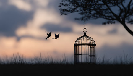 A dark birdcage sways from a tree against a vivid sunset glow, while two birds soar freely in the warm, fading light, evoking freedom and tranquility.の写真素材