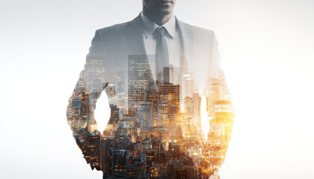 A confident businessman silhouette blending with a vibrant cityscape at dusk, symbolizing ambition and urban success.の写真素材
