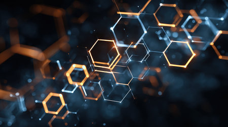 A vibrant network of luminous hexagons and floating particles creates a futuristic, high-tech scene ideal for scientific or digital innovation themesの写真素材