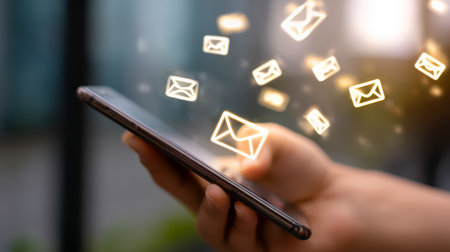 A person engaged with a smartphone, surrounded by vibrant digital email symbols, capturing modern communication and connectivity in a sleek, dynamic sの写真素材