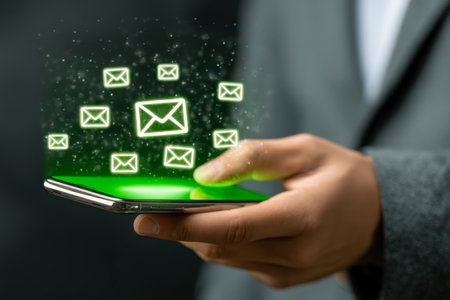 A user's hand gently grasps a sleek smartphone, with luminous email symbols drifting above, illustrating modern digital dialogue and connectivity.の写真素材