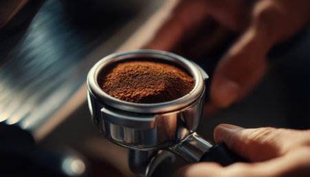 A barista carefully doses aromatic coffee grounds into a portafilter, capturing a serene moment of...