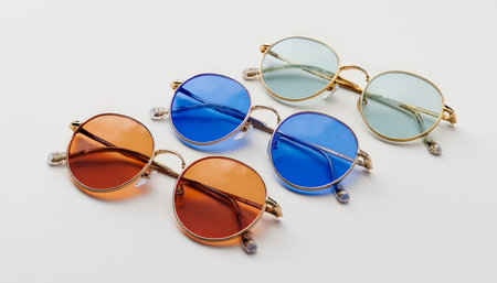 An array of trendy eyewear featuring vibrant, gradient lenses showcases modern fashion accessories against a clean white backdrop.の写真素材