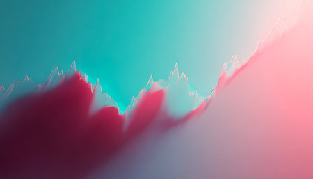 Dynamic graph features upward-moving lines set against a vibrant, swirling abstract backdrop,...