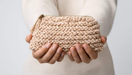 Hands gently grasp a soft, woven beige purse featuring a sleek zipper, set against a light, neutral backdrop conveying warmth and craftsmanship.の写真素材