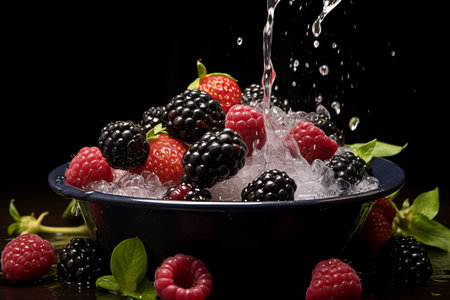 Freshly picked ripe wild berries gently falling into a glass bowl filled with crystal clear waterの写真素材