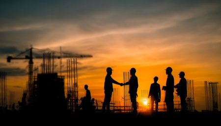 Two diligent laborers exchanging a firm handshake as golden light bathes their project, symbolizing teamwork and successful partnership at dusk.の写真素材