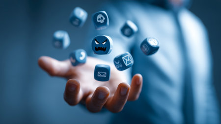 A human hand hovers over a digital backdrop with sinister app symbols and alert messages, illustrating cyber risks and online vulnerability.の写真素材