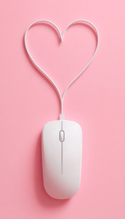 An ergonomic computer mouse features a playful, heart-shaped cable, set against a vibrant pink backdrop, conveying themes of love, connection, or digiの写真素材